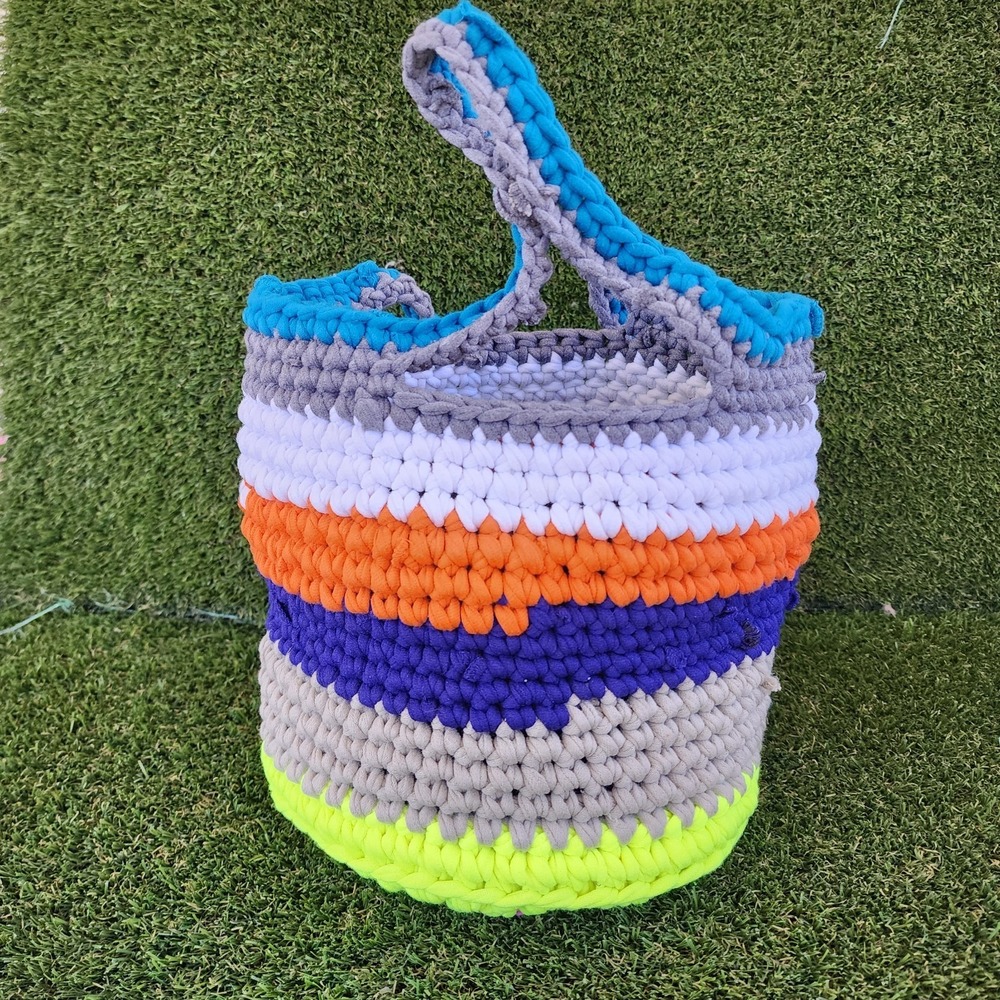 Handmade Crochet T-Shirt Yarn Bucket Bag Multicolor‎ Boho Crochet Tote Striped